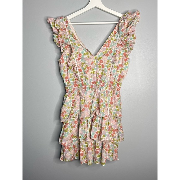 Love the Label Ines Floral Tiered Ruffle Mini Dress Cream Women's Size Medium - Picture 11 of 12